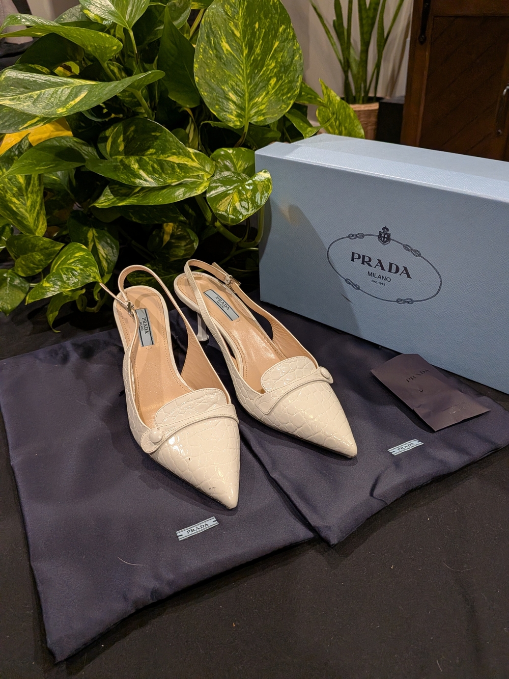 Prada White Croc-Embossed Leather Slingback Pumps